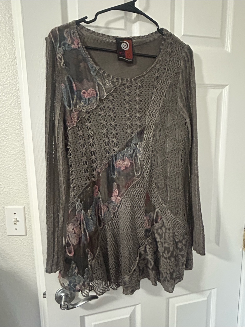 Boho Knit Lace Panel Long Sleeve Top - Taupe with Floral Accents